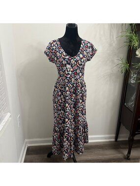 EUC Boden Womens Navy Floral Midi Dress With Pockets 100% Cotton UK 8R US 4R